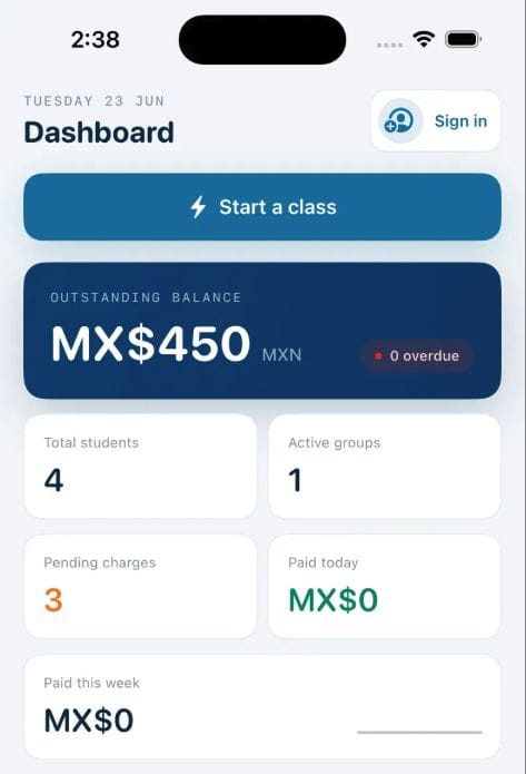 Studio Ledger dashboard summary showing class, student, group, and payment totals.