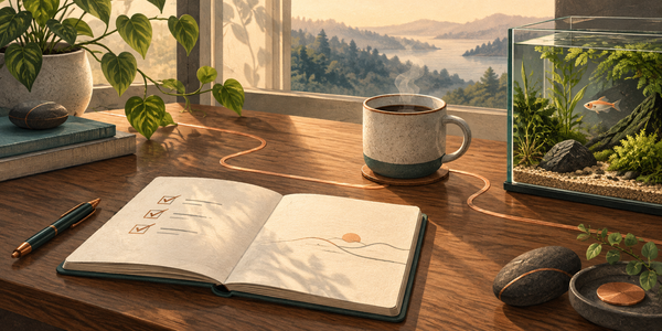 Sunlit workspace with an open checklist notebook, coffee mug, planted aquarium, and a winding copper line connecting the objects.